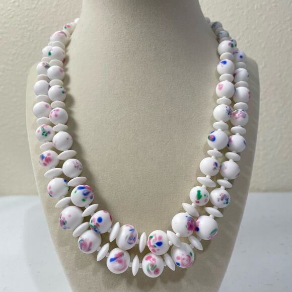 Vintage White Floral Porcelain Beads 2 Strand Necklace Coquette Romantic Japan - Picture 1 of 6